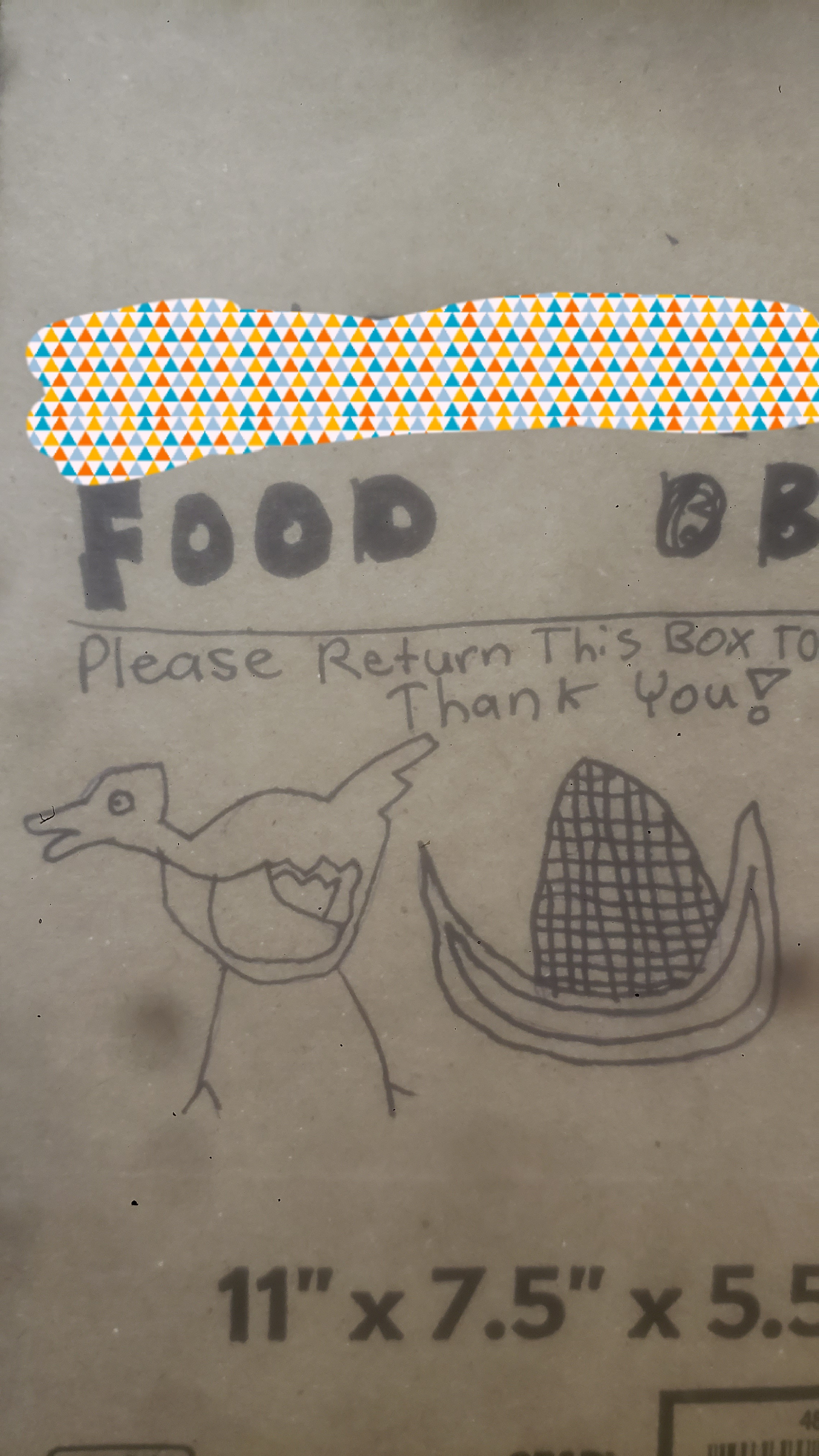 Recreation of a food book box with a terrible drawing of the mascot and the words please return to plus thank you.